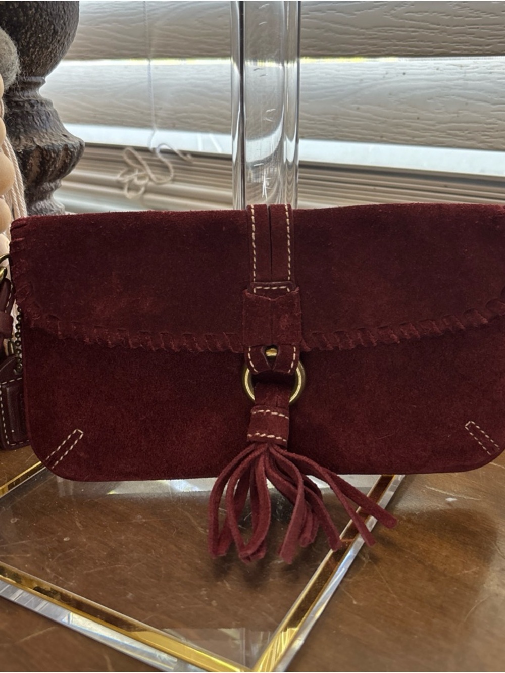 Coach Burgundy Suede Tassel Wristlet Clutch